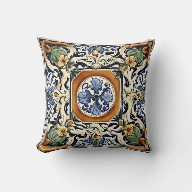 Tile, Floral, Majolica, Italian Style  Cushion (Front)
