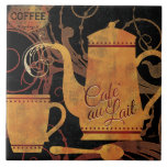 Tile Flourish Coffee Service Cafe au Lait<br><div class="desc">A ceramic kitchen tile made for coffee lovers! Flourishes surround a steaming coffee service pot and mug on this decorative and stylish tile. Shades of cream, taupe, burnt orange, deep red, and rust on black. A tonal coffee crest logo reminiscent of a coffee house hangs in the upper left corner....</div>