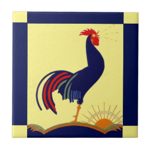 Tile Folk Art Rooster Crow Morning Sun & Blue
