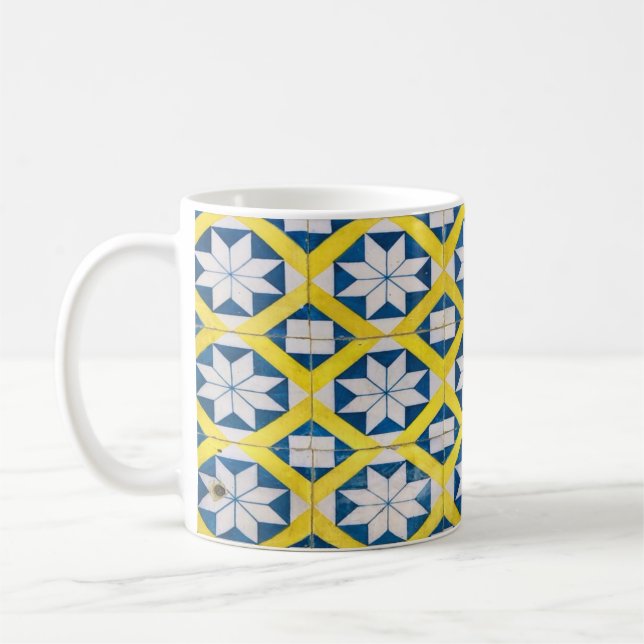 Tile Mosaic Flower Pattern Yellow Blue Coffee Mug (Left)