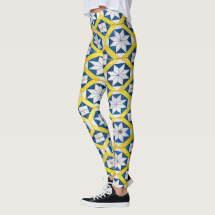 Tile Mosaic Flower Pattern Yellow Blue Leggings