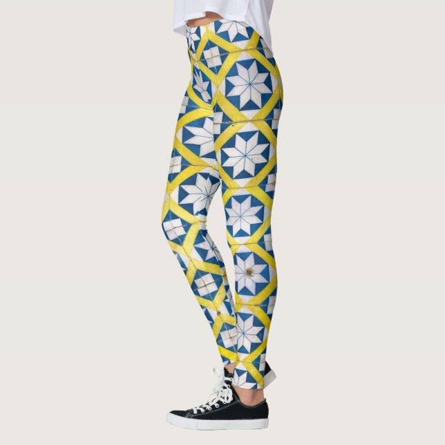 Tile Mosaic Flower Pattern Yellow Blue Leggings (Left)
