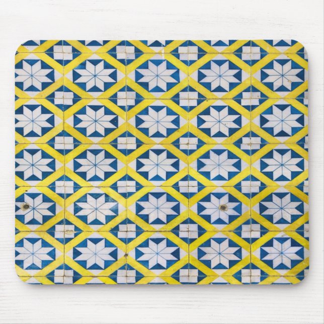 Tile Mosaic Flower Pattern Yellow Blue Mouse Pad (Front)