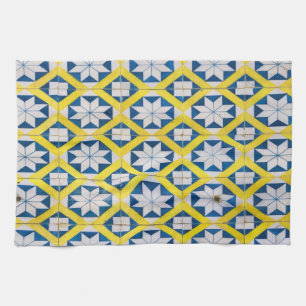 Tile Mosaic Flower Pattern Yellow Blue Tea Towel