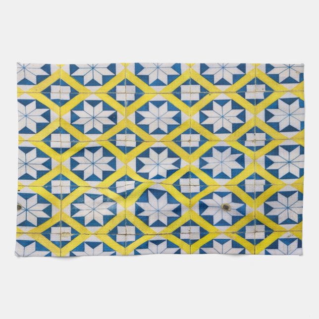Tile Mosaic Flower Pattern Yellow Blue Tea Towel (Horizontal)