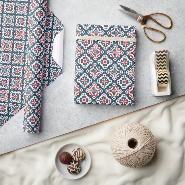  Tile Pattern with Navy, Red & Teal Floral Motifs Wrapping Paper (Crafts)