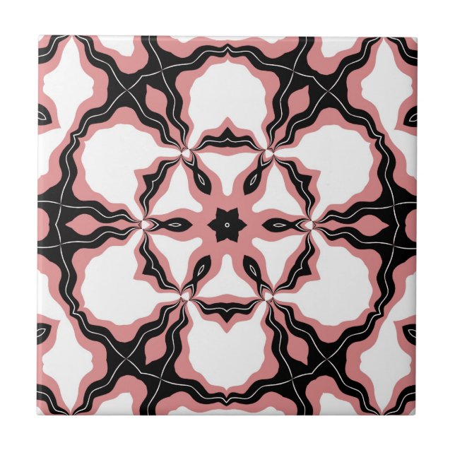 Tile, Pink, White & Black Flower Design Ceramic Tile (Front)