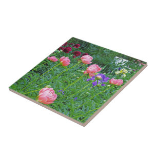 TILE/TRIVET, "WHITE BENCH IN PEONY GARDEN" CERAMIC TILE