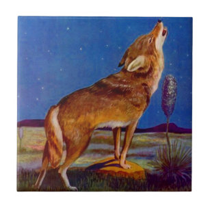 Tile Vintage Wild Coyote Howling night sky s west