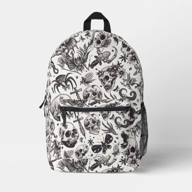 Tiled Abstract Skull Tattoo Pattern Printed Backpack (Front)