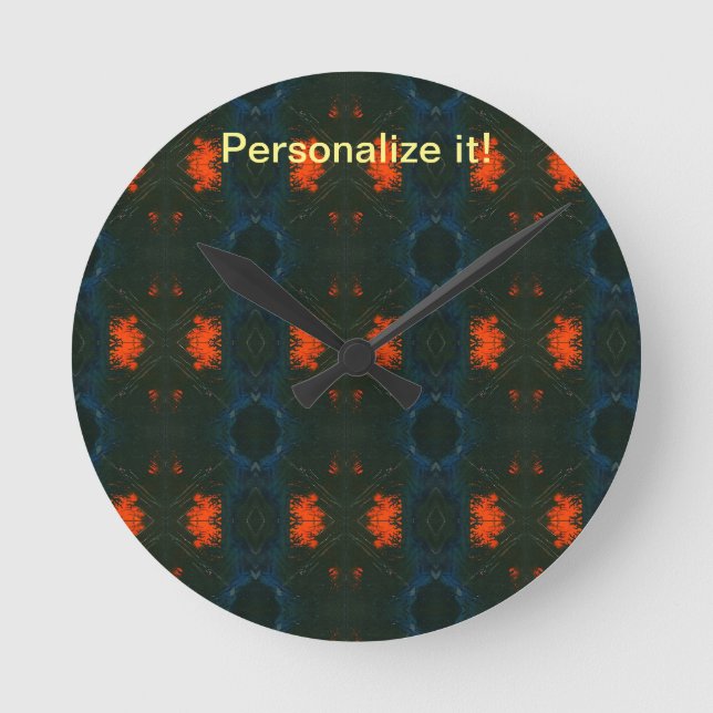 Tiled and mirrored blue, black and red design round clock (Front)