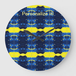 Tiled and mirrored psychedelic blue, yellow design large clock