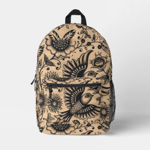 Tiled Bird and Flower Tattoo Pattern Printed Backpack