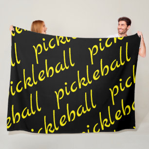 Tiled Bright Yellow PICKLEBALL Script On Black Fleece Blanket