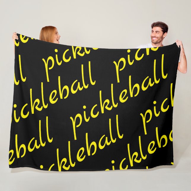 Tiled Bright Yellow PICKLEBALL Script On Black Fleece Blanket (In Situ)