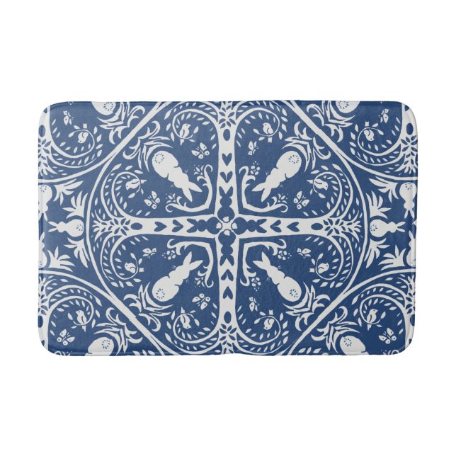 Tiled Dark Blue White Bunny Rabbit Bird Medallion Bath Mat (Front)