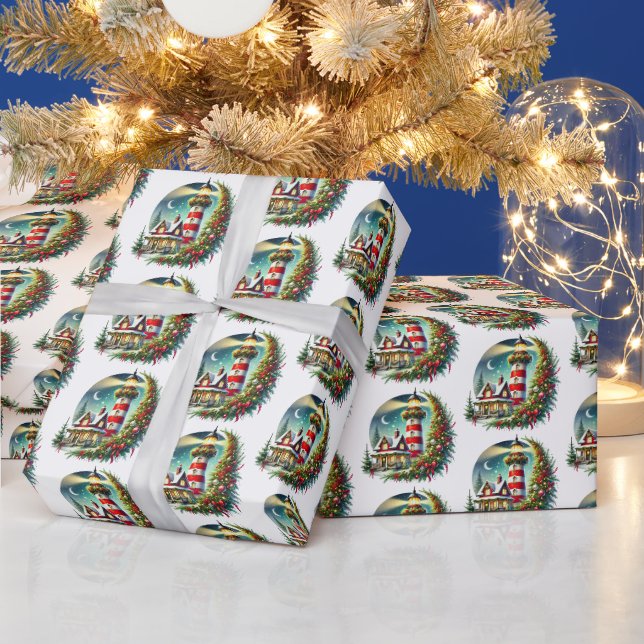 Tiled Festive Christmas lighthouse Wrapping Paper (Holidays)
