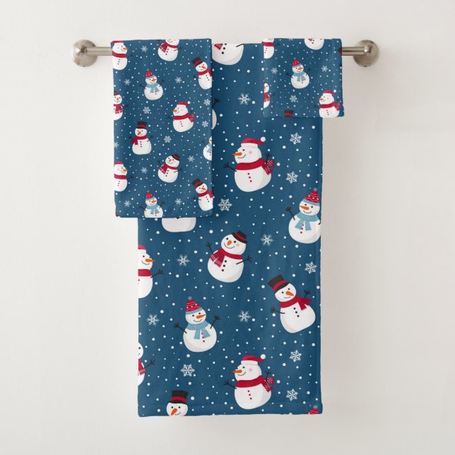 tiled festive Christmas snowman Holiday Bath Towel Set (Insitu)