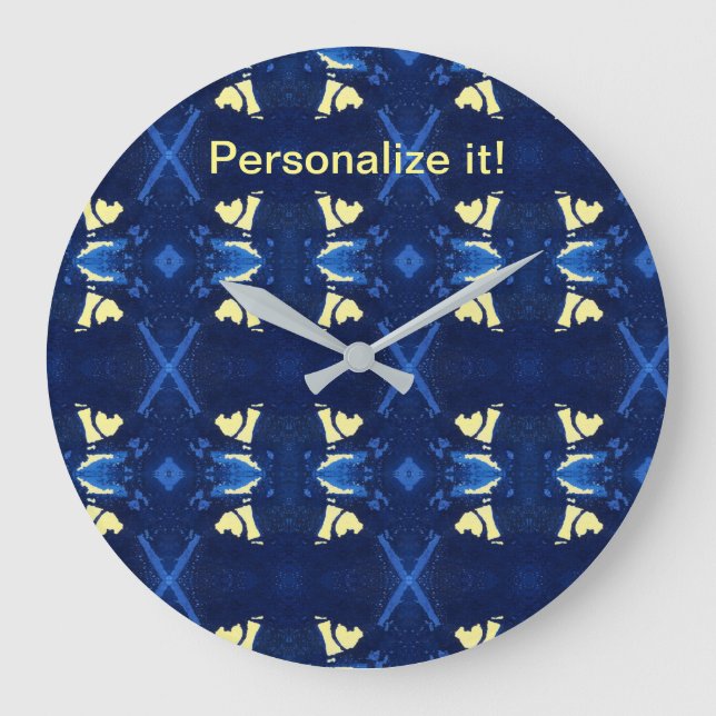 Tiled & mirrored psychedelic blues, yellow design large clock (Front)