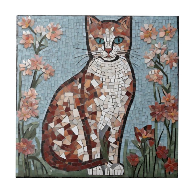 Tiled Mosaic Cat in the Flower Garden  Ceramic Tile (Front)