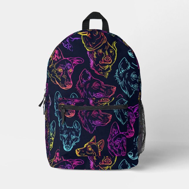 Tiled Neon Dog Pattern Printed Backpack (Front)