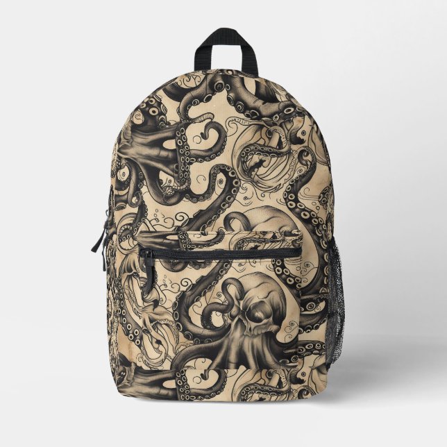 Tiled Octopus Skull Tattoo Pattern Printed Backpack (Front)