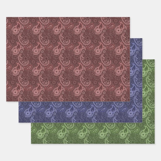 Tiled Paisley Pattern Red Blue Green Oldfashioned Wrapping Paper Sheet (Set)