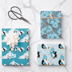 Tiled penguins Christmas florals pattern Wrapping Paper Sheet