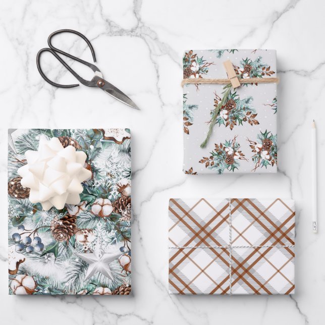 tiled pinecones and plaid Christmas Wrapping Paper Sheet (Front)
