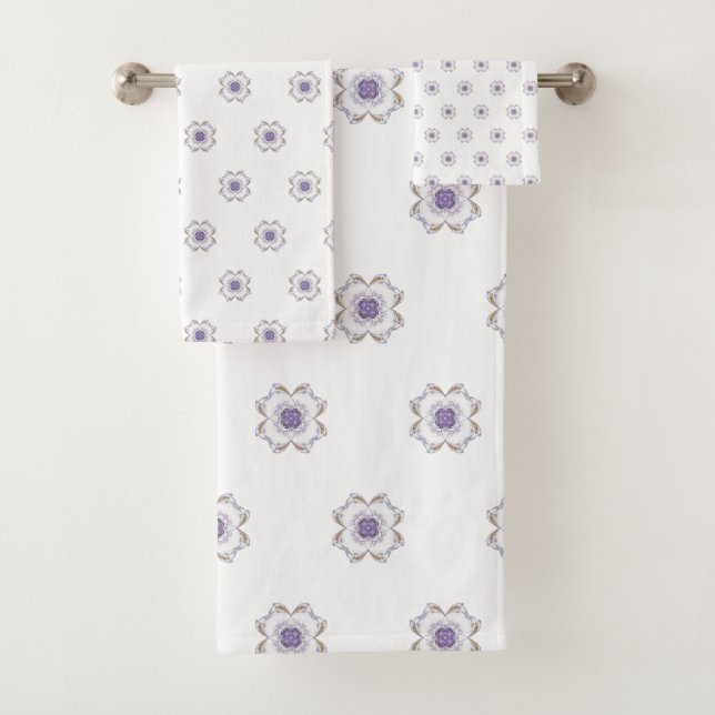 Tiled  Purple and Gold Floral-Look Fractal Art  Bath Towel Set (Insitu)