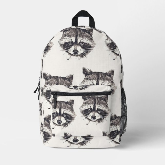 Tiled Racoon Pattern Printed Backpack (Front)