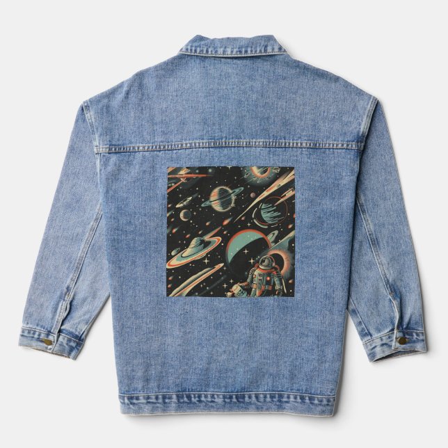 Tiled Sci-Fi Astronaut Pattern Denim Jacket (Back)
