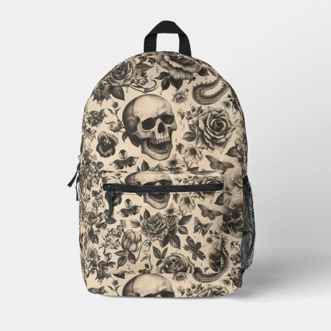 Tiled Skull and Flower Tattoo Pattern Printed Backpack (Front)