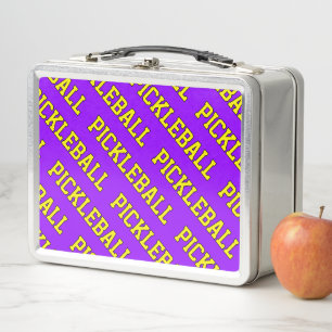 Tiled Yellow Slant PICKLEBALL On Bright Purple Metal Lunch Box