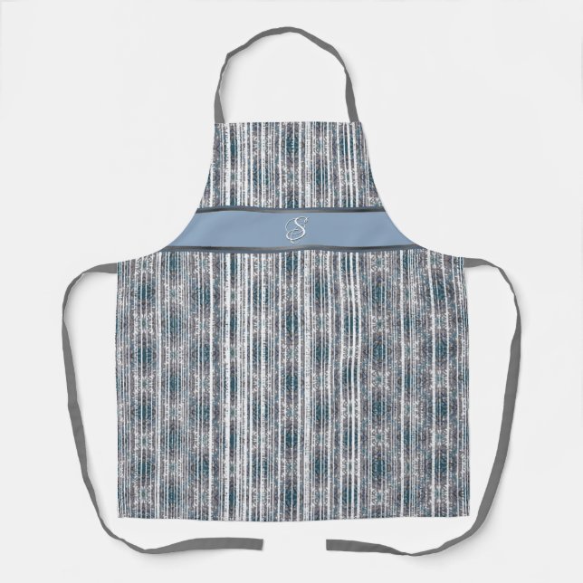 Tiles and White Stripes in Shades of Teal Monogram Apron (Front)