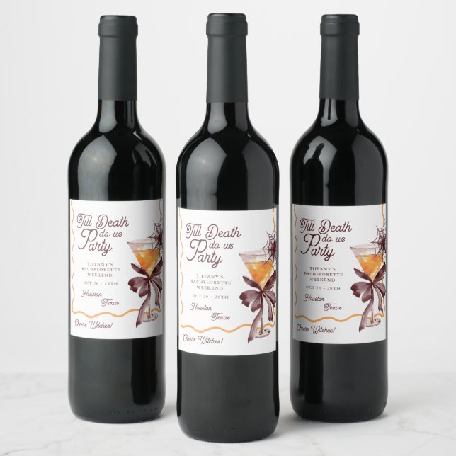 Till Death Bow Cocktail Halloween Bacheloerette  Wine Label (Bottles)