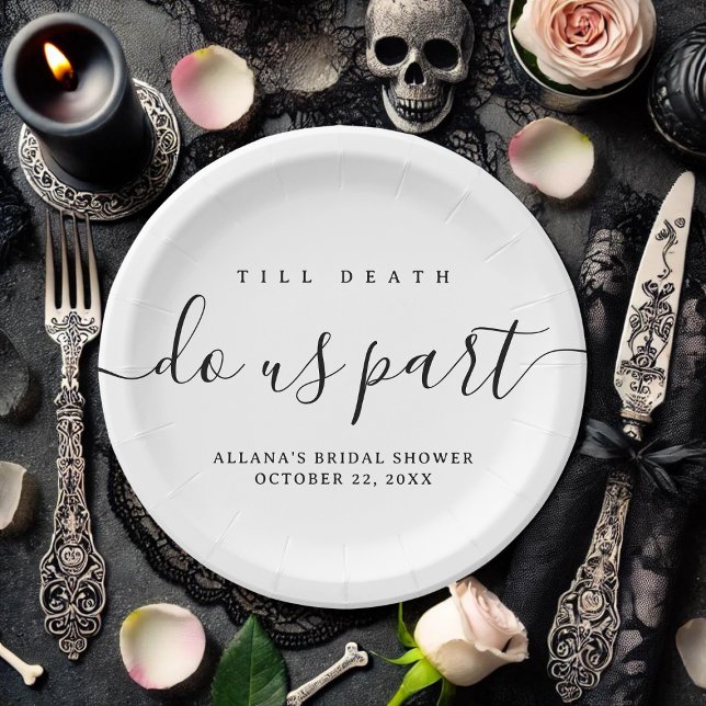 Till Death Do Us Part Black and White Paper Plate (Till Death Do Us Part paper plate on gothic bridal shower table)