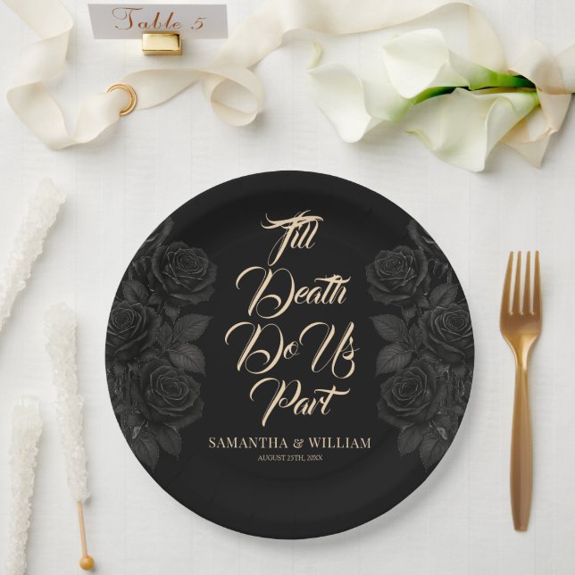 Till Death Do Us Part Black Rose Wedding Paper Plate (Wedding)