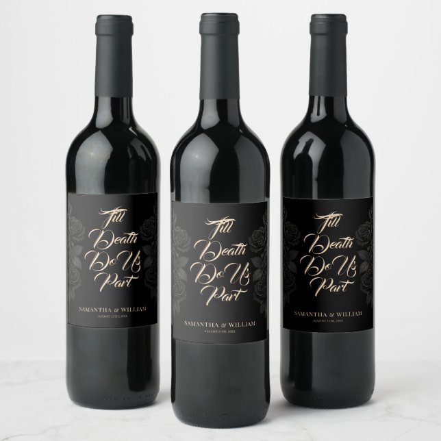 Till Death Do Us Part Black Roses Wedding Wine Label (Bottles)