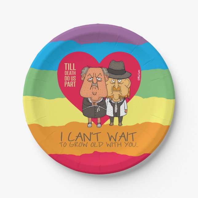 Till death do us part funny gay couple cartoon, paper plate (Front)