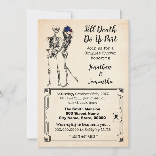 Till death do us part goth couples shower skeleton invitation (Front)