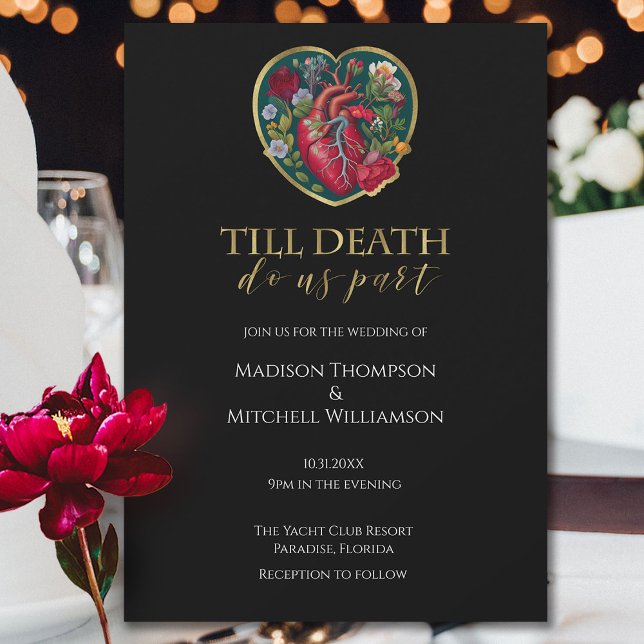 Till Death Do Us Part Goth Heart Halloween Gold Invitation (Creator Uploaded)
