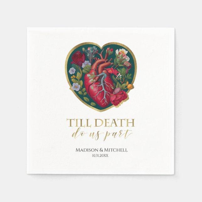 Till Death Do Us Part Goth Heart Halloween Gold Napkin (Front)