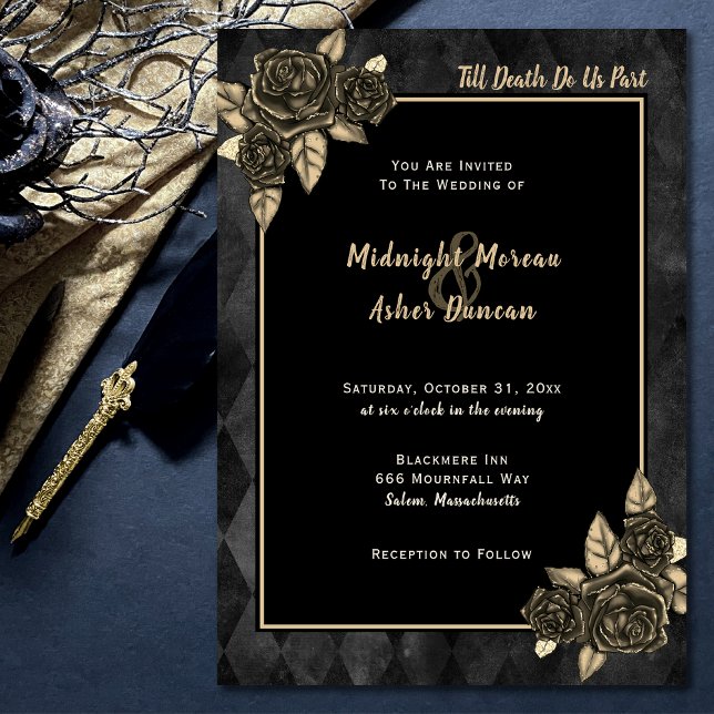 Till Death Do Us Part Gothic Rose Black Gold Invitation (Creator Uploaded)
