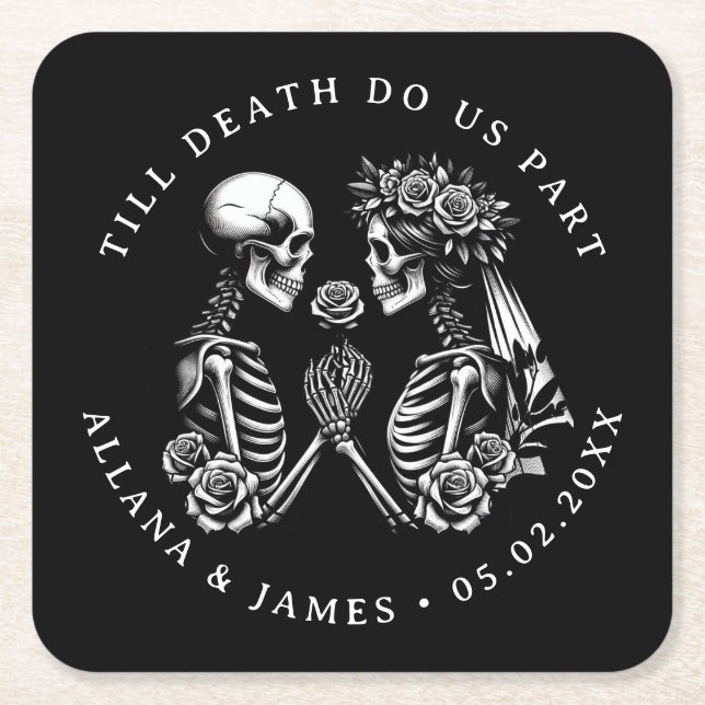 Till Death Do Us Part Gothic Wedding Square Paper Coaster (Front)
