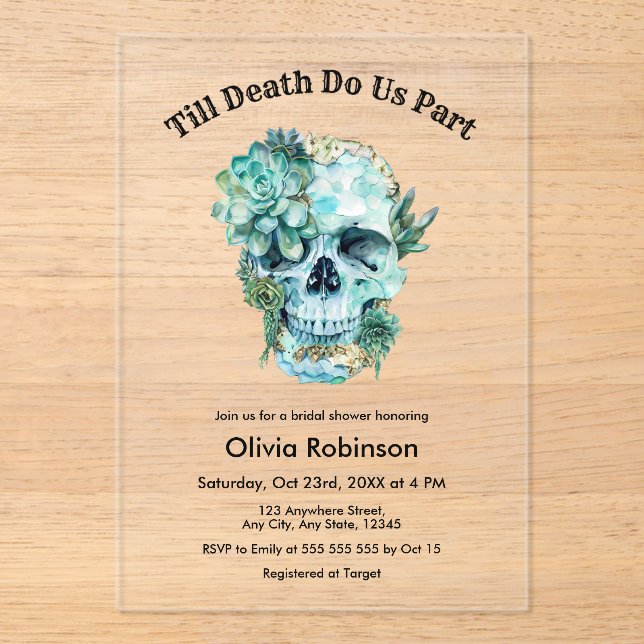 Till Death Do Us Part Halloween Bridal Shower Acrylic Invitations (Front)