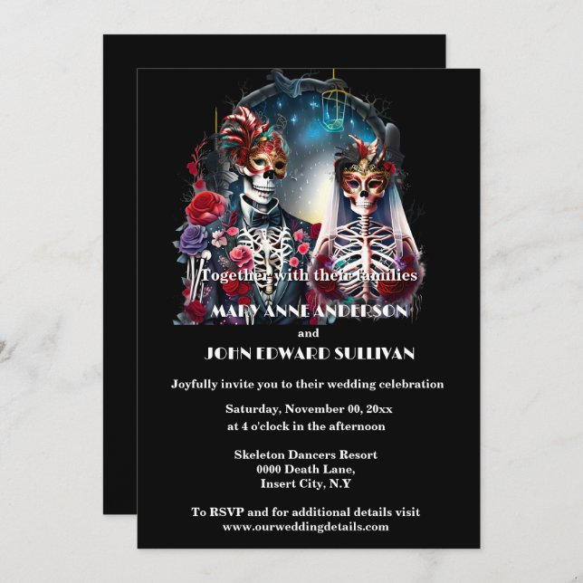 Till death do us part masquerade skeleton couple invitation (Front/Back)