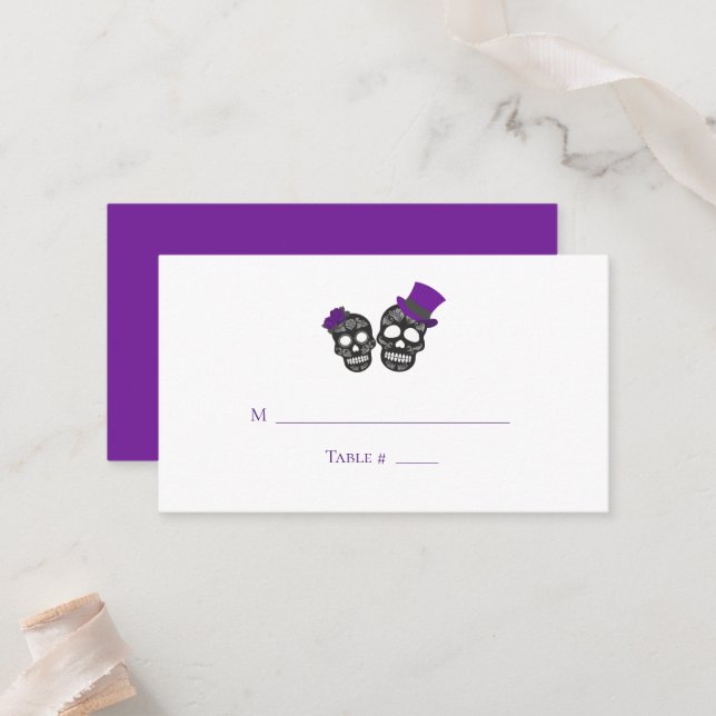 Till Death Do Us Part Purple and Black Wedding Place Card (Front/Back In Situ)