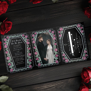 Till Death Do Us Part Rose Black Gothic Wedding Tri-Fold Invitation