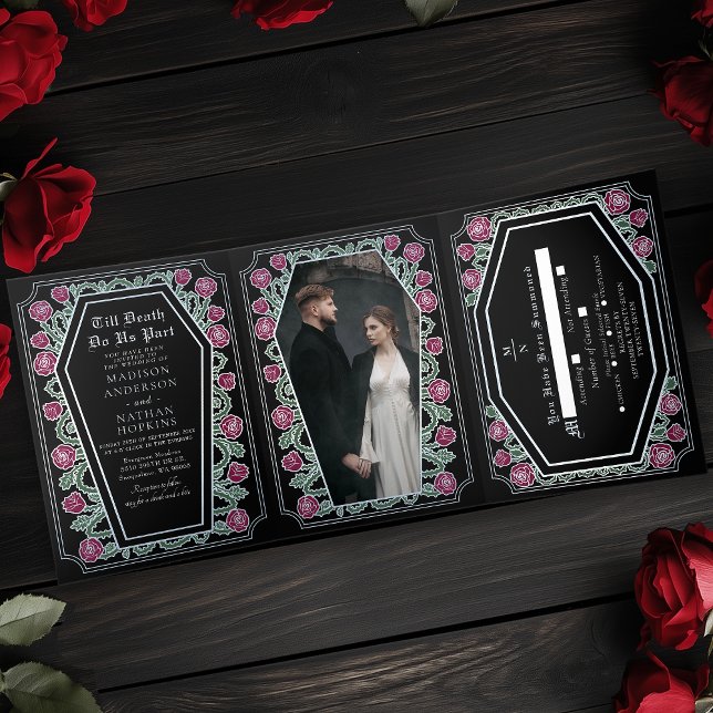 Till Death Do Us Part Rose Black Gothic Wedding Tri-Fold Invitation (Creator Uploaded)